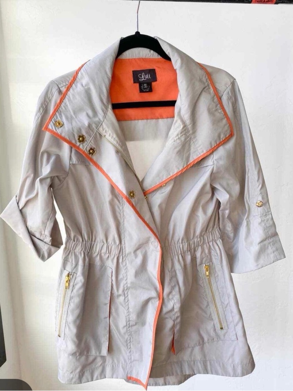 Anthropologie Grey Trench with Coral-Orange Piping